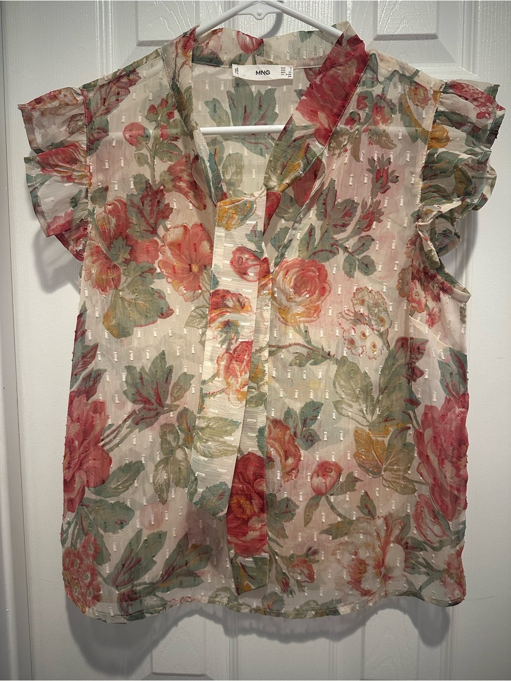 Mango Sheer Floral Ruffle Sleeve Blouse in Cream, Pink and Green